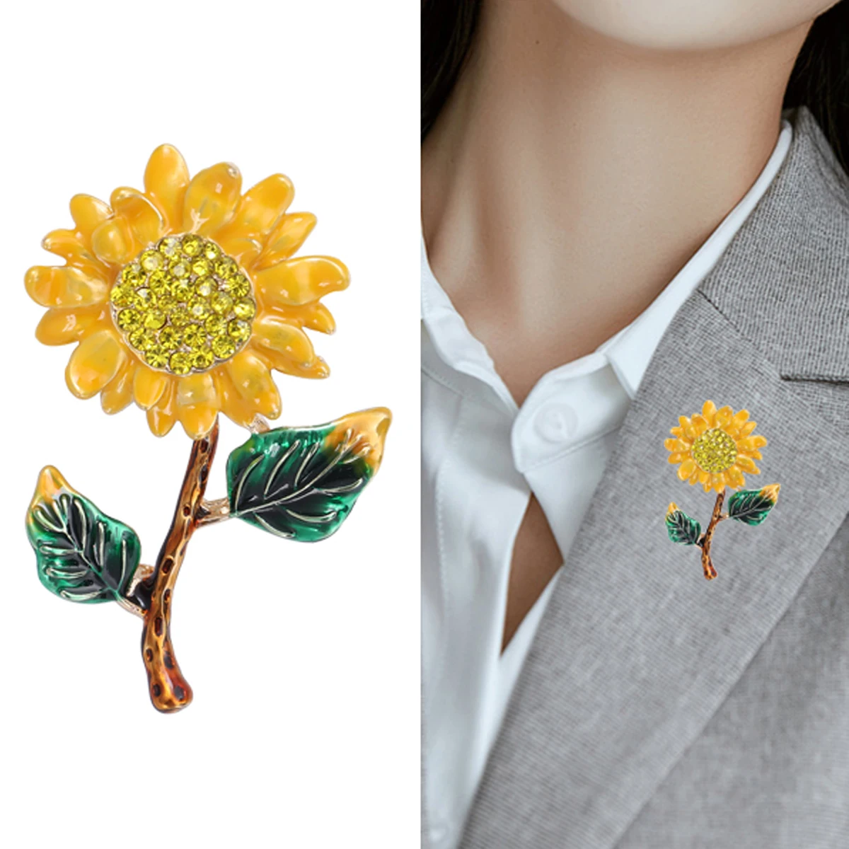 Enamel Sunflower Brooches for Women Unisex Rhinestone Plant Pins Office Party Friend New Funny Luxury Gifts Jewelry Accessories view 2