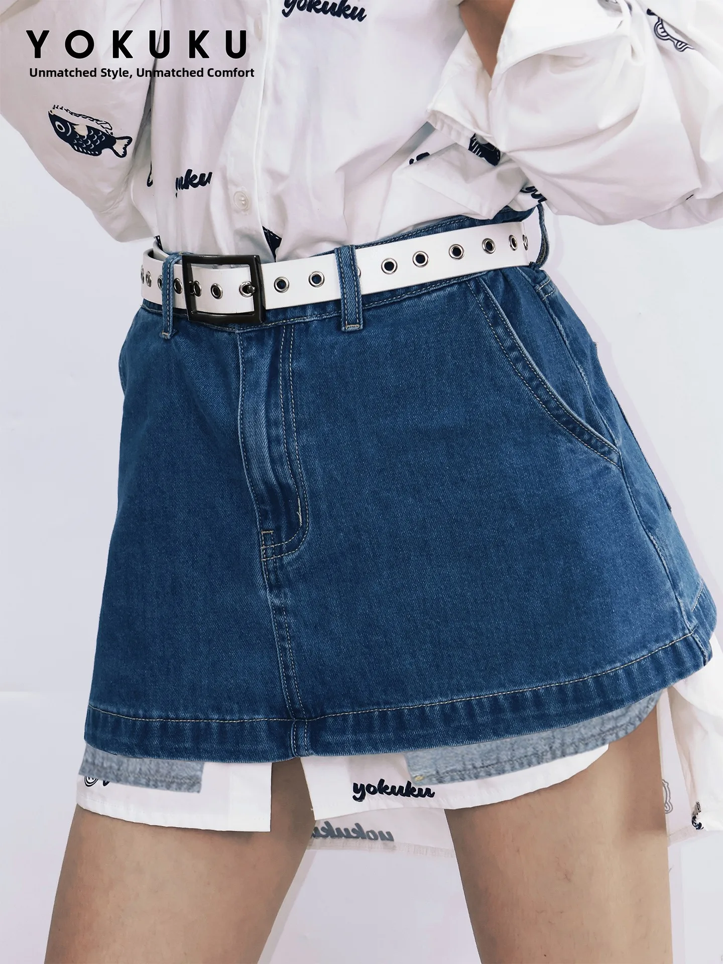 American Style Versatile Women's Denim  Skirt with Waist Belt Yikukuu Cotton Casual A-Line Skirt Body Shape