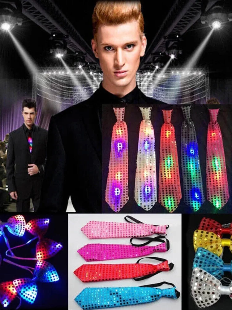Hommes Led cravate lumineuse Bowkont cravates paillettes lumineuses clignotant cravate pour anniversaire mariage noël Halloween Cosplay fête décor