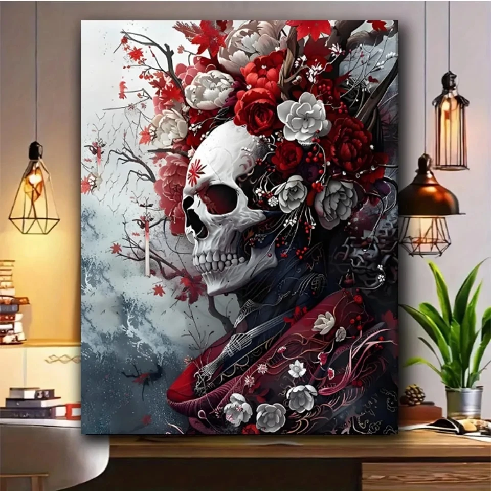 الجمجمة الزهور DIY الماس اللوحة الجديدة كامل الماس الفسيفساء مجوهرات عبر غرزة مذهلة الفن ديكور المنزل الحرف اليدوية