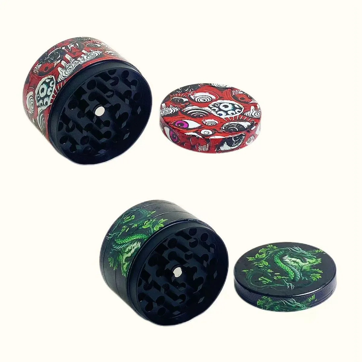 2 Inch 5cm 4 Layer Dragon Eye Tattoo Art Zinc Alloy Herb Grinder Pollen Catcher Cleaning Closure Manual Smoking Tool Gift