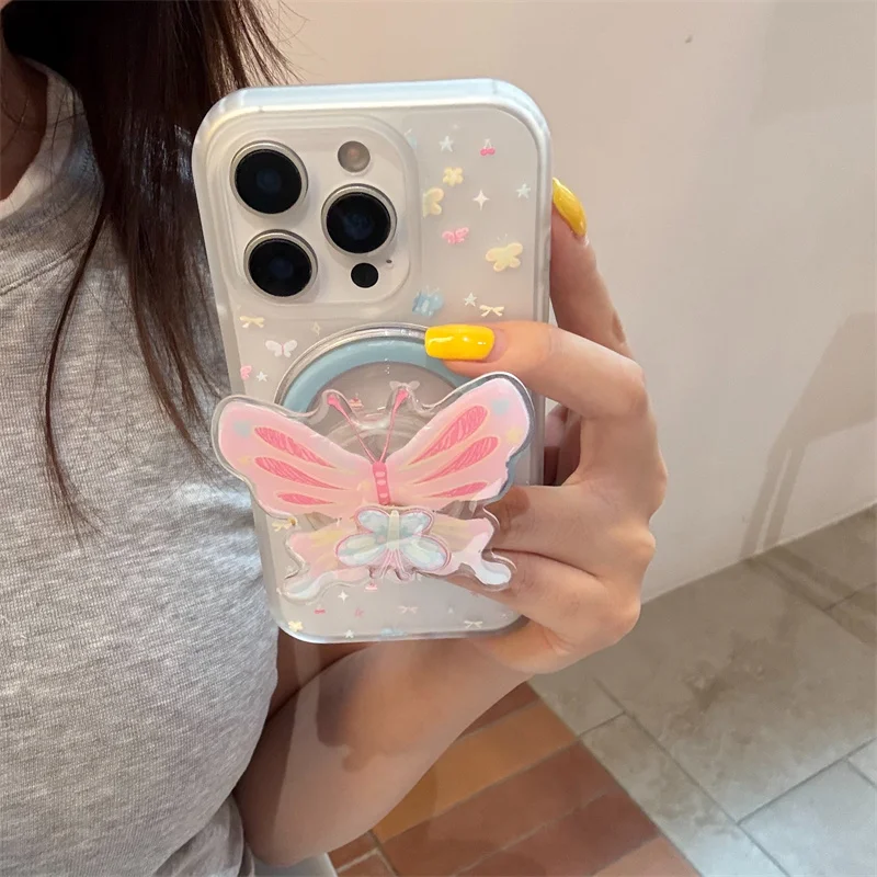 

Half Clear Small Flower Magnet Phone Case For iPhone 16 Pro 15 14 13 Pro Max Cover with Magsafe Stand Cute Butterfly Holder Case