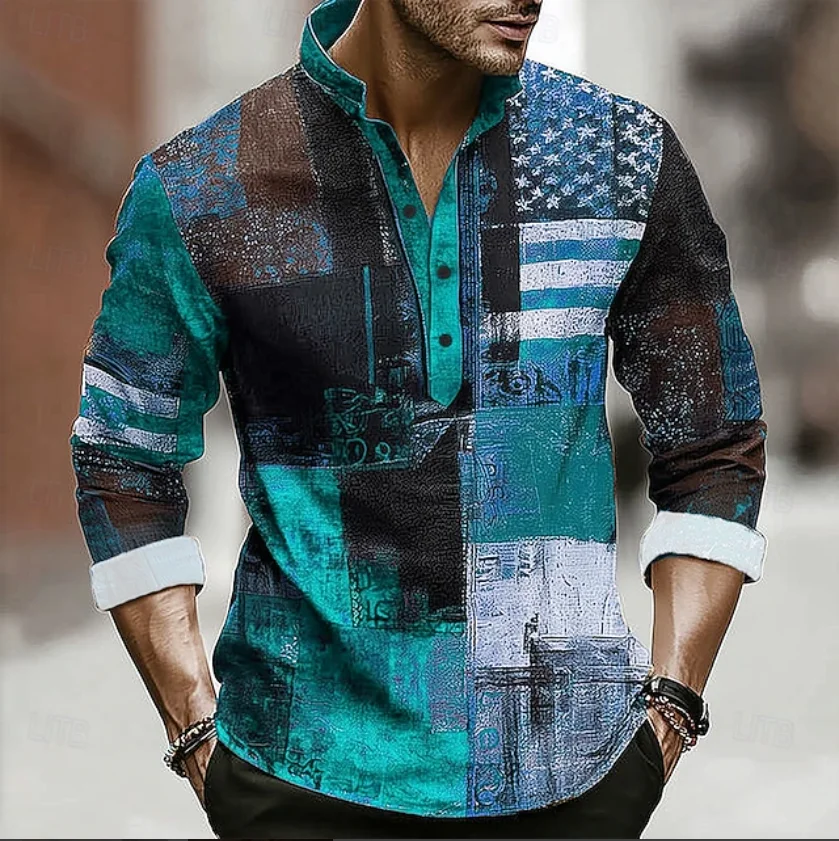 New ethnic style men's long sleeved shirt Bohemian retro 3D flower print casual vacation shirt clothing
