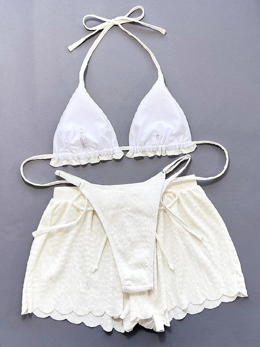 Ruffled Firlled Halter Bikini Women Swimwear Female Swimsuit Three-pieces Bikini Set with Shorts Bathing Suit Swim Beachwear