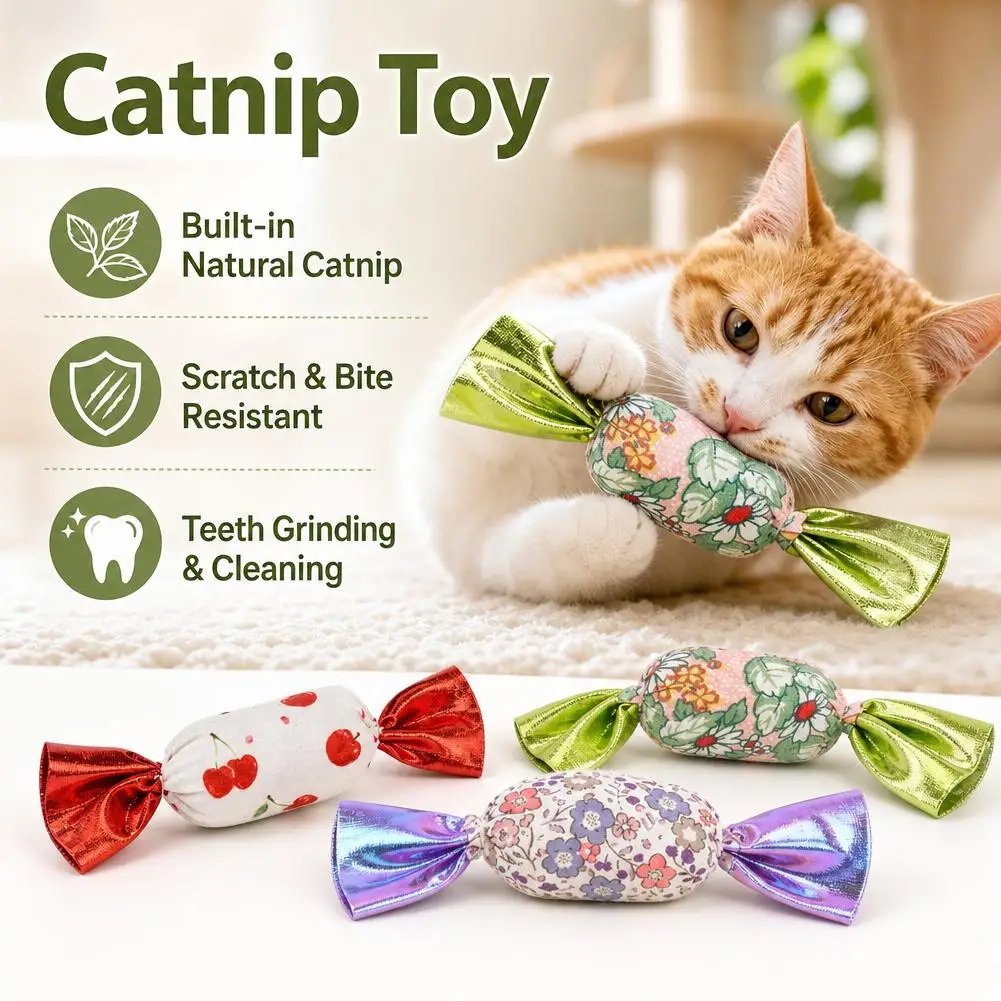 Natürliches Katzenminz-Spielzeug für Hauskatzen, bonbonförmiges Plüschspielzeug, Langeweile-Bekämpfung, interaktives Kätzchen-Kick-Kau-Spielzeug, Zahnreinigung