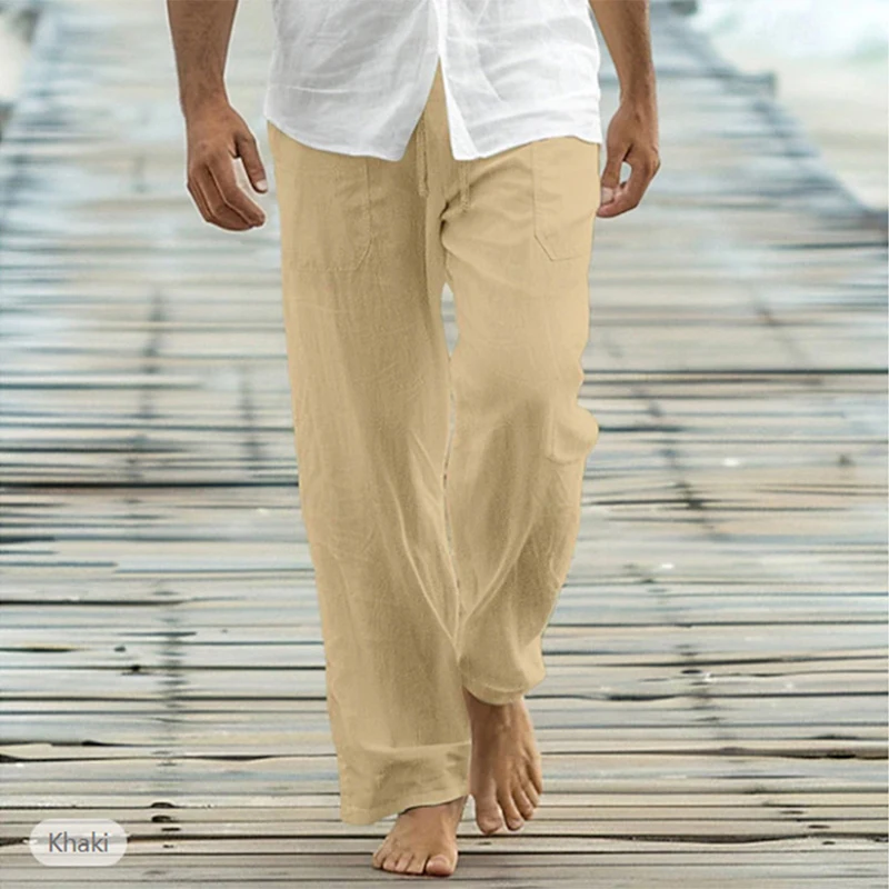 

Vacation Leisure Breathable Soft Loose Pants Mens Summer Vintage Drawstring Tie-up Straight Trousers For Men Casual Solid Pants