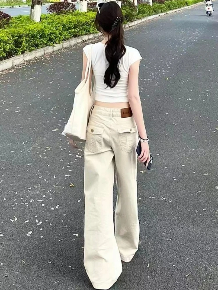 Women Beige Mid Waist Wide Leg Jeans Back Button Flap Pockets Floor Length Denim Pants Solid Casual Straight Trousers Soft Daily