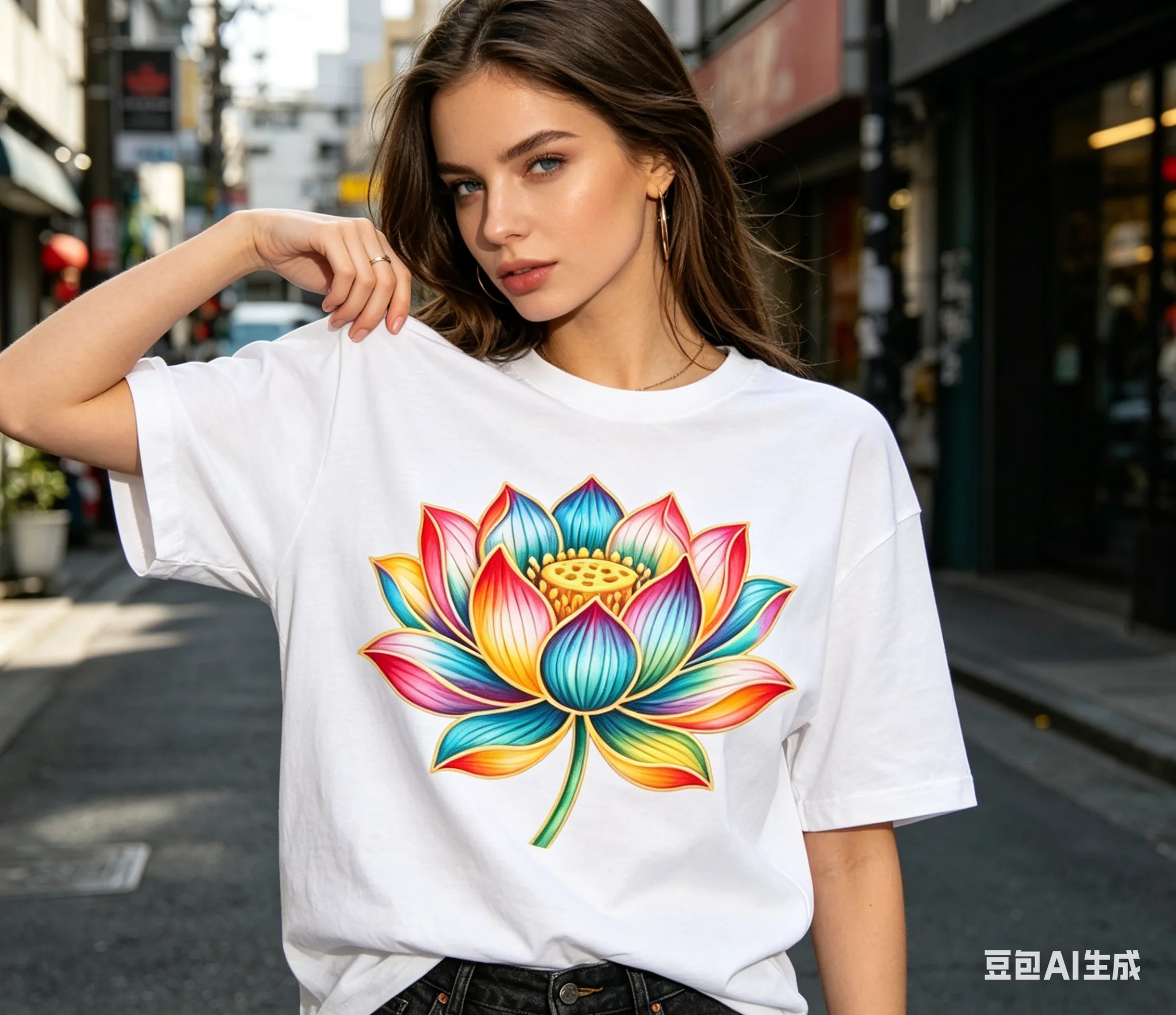 Women's Lotus Flower Print Casual T-Shirt Street Style Short-Sleeve Top Versatile Stylish Printed Fashion for Every Day