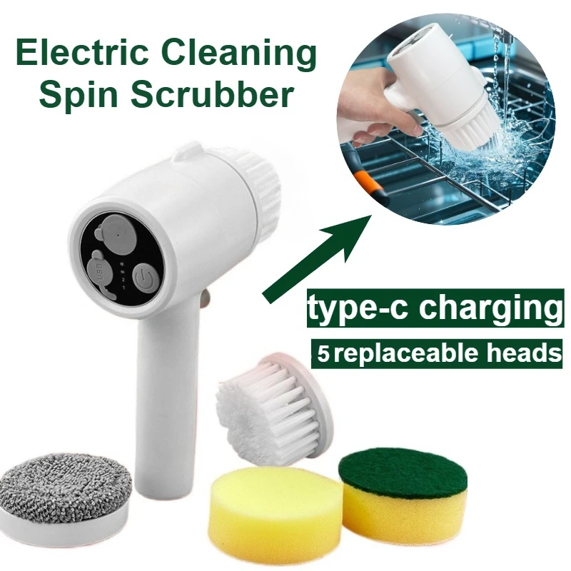Electric Cleaning Spin Scrubber Cordless Waterproof with 2 Speed Settings and 5 Replaceable Heads for Bathroom Kitchen Windows
