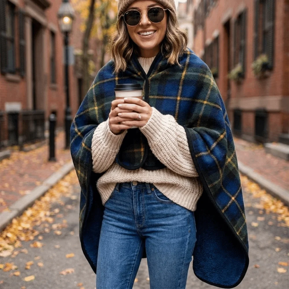 Flannel Material Wearable Blanket Button Closure Soft Texture Throw Blanket Thick Knit Plaid Pattern Shawl Blanket Indoor