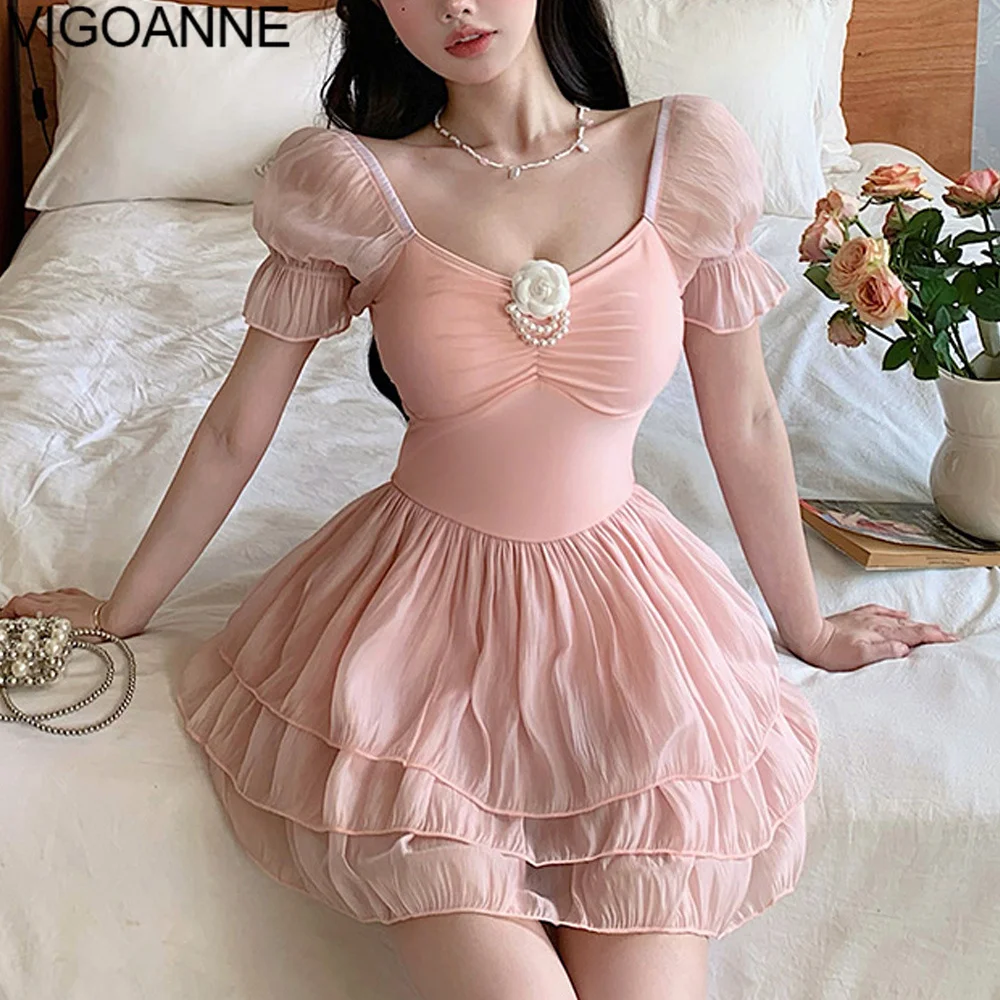 VigoAnne Solid Short Sleeve Dress Swimwear Women 2025 Push UP One Piece Swimsuit Korean Monokini Cross Backless Bathing Suit