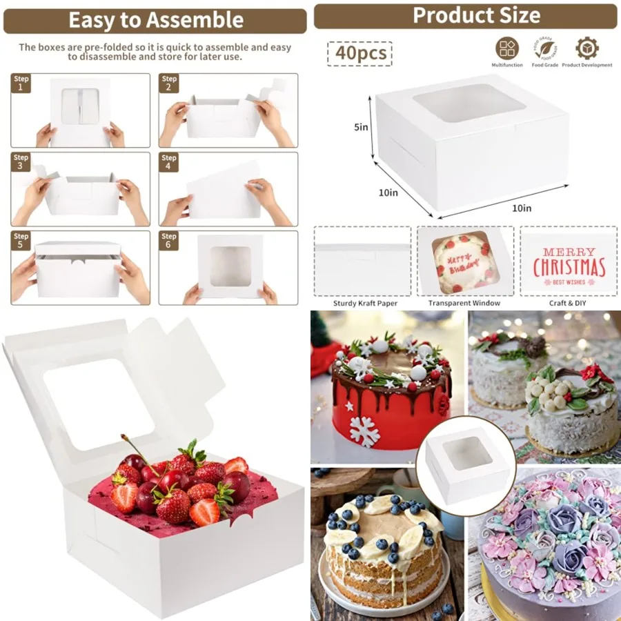 

40pcs Cake Boxes, 10x10x5 Inch White Bakery Boxes with Window for Valentine's Day, Mother's Day, Pastries, Cookies, Pie, Cupcak