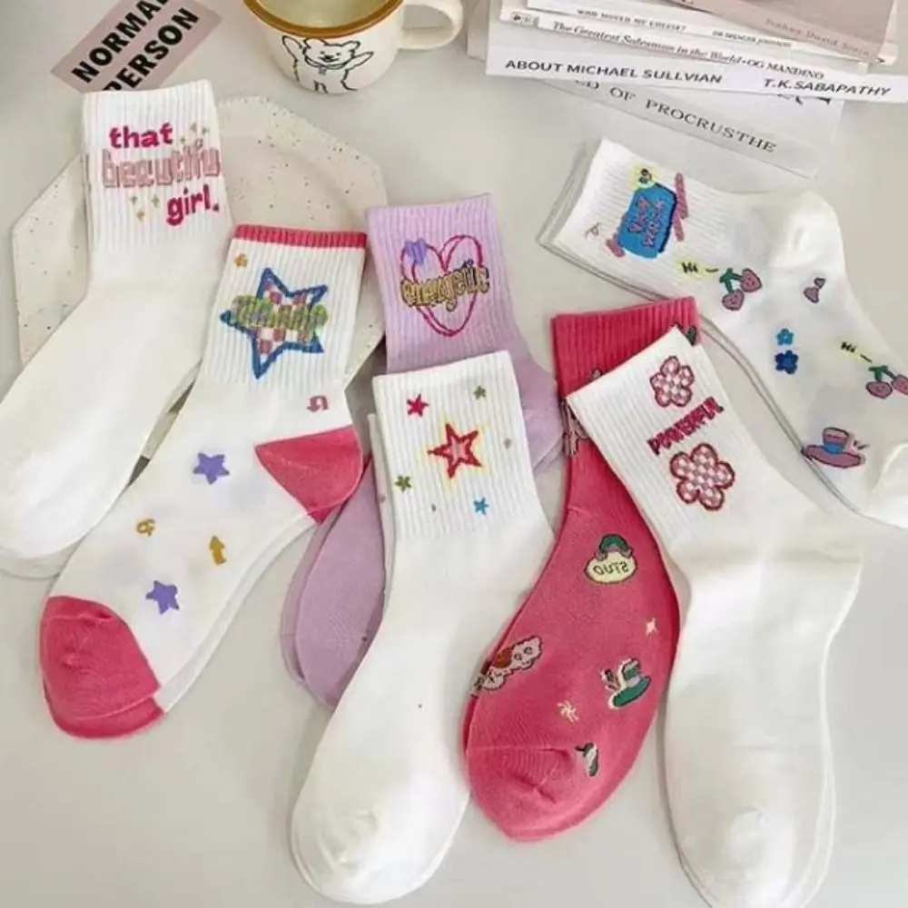 Elastic Y2K Flower Ankle Socks Outdoor Sports Letter Star Short Socks Hosiery Lolita Cartoon Mid-Calf Socks Girl