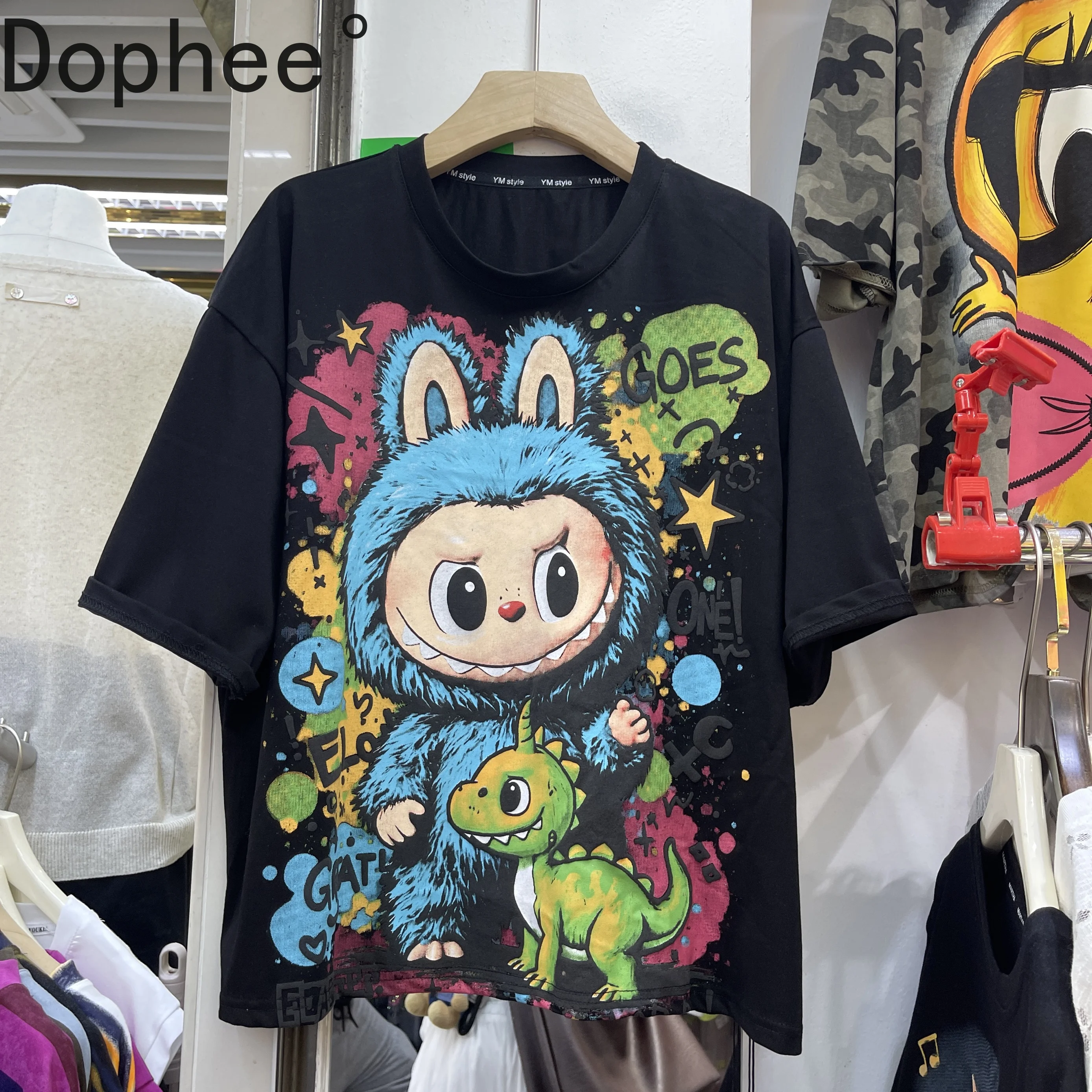 

Trendy Cartoon Printed Summer Women T-shirt All-match Loose Round Neck Cotton Tees Casual Students Cotton Basic Female Tees