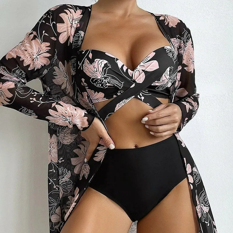 Nadanbao Sexy Mesh Floral Print Smock Bikini Swimwear Women Backless Fashion Bodysuit Swimsuit Female Summer Beach Party Bikini