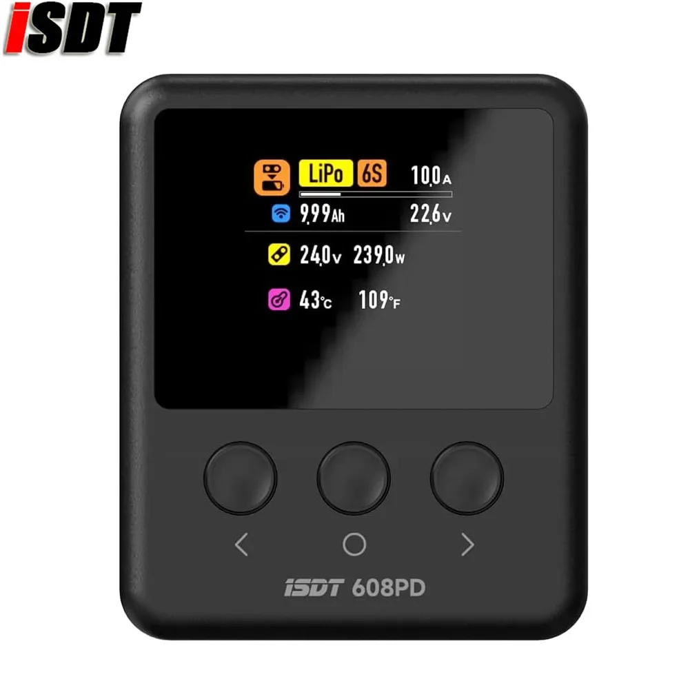 ISDT 608PD Smart Balance Charger DC240W USB-C PD140W 10A 1-6S LiPo LiFe LiHv NiMH Pb Battery Charger W/ IPS Screen APP Control