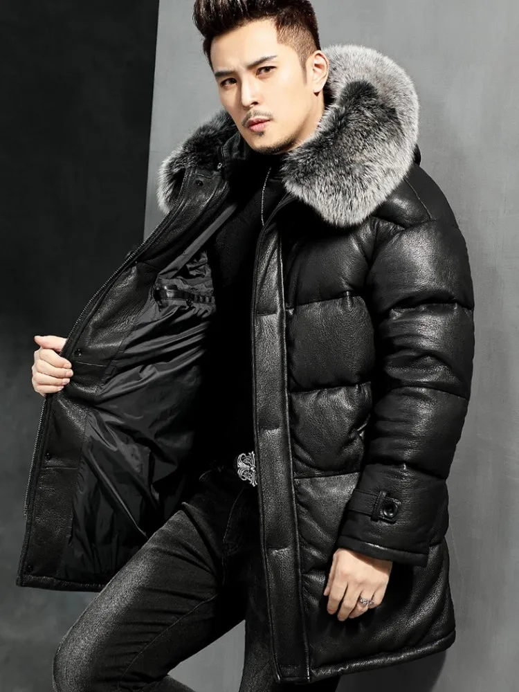 High Street Casual Outerwear Winter Mens Genuine Leather Down Coat Thicken Warm Hooded Overcoat Men Medium Long Sheepskin Jacket