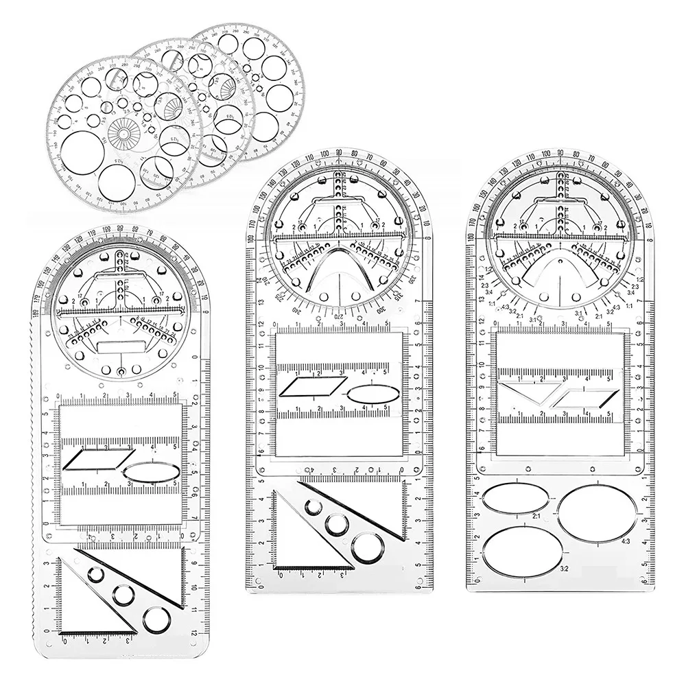 6 Pieces Multifunctional Geometric Ruler Plastic Drawing Template Measuring Tool Mathematics Drawing Ruler