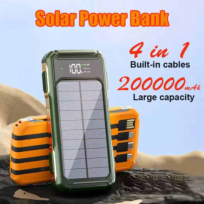 

4-in-1 Solar Power Bank Built-in-cables 200000mAh High Capacity Charger Fast Charging Intelligent Digital Display Battery 2025