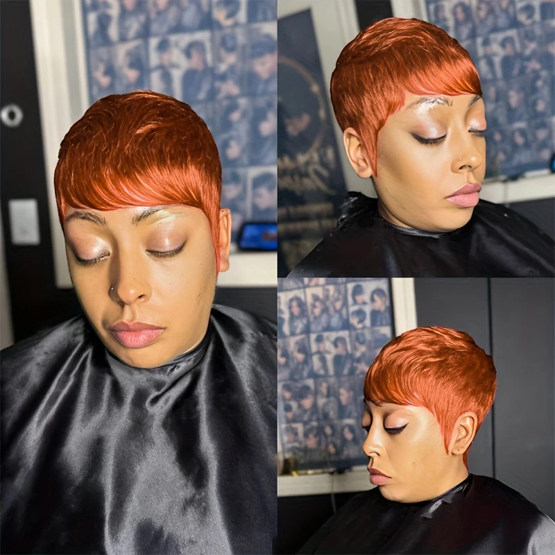 Chic Elegant Short Layered Pixie Cut Wig With Bangs Human Hair Ginger Orange 350 180% Density Machine Made Wigs