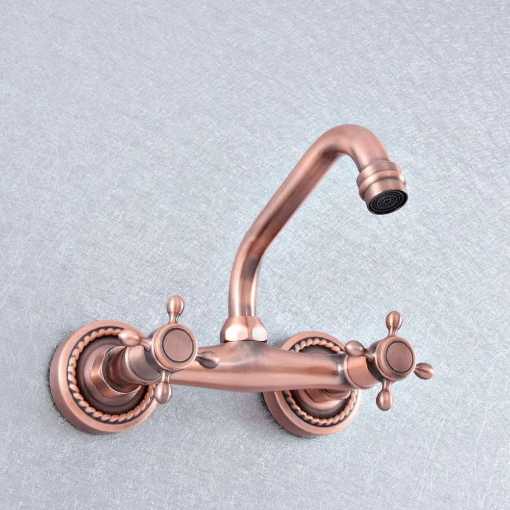 

Antique Red Copper Brass Wall Mount Kitchen Bathroom Sink Faucet Swivel Spout Hot Cold Mixer Water Tap 2sf856