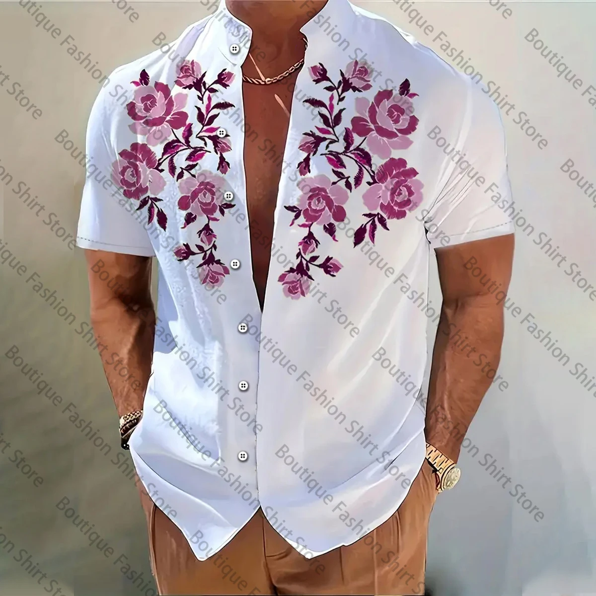 

Men's shirt high-definition flower standing long sleeve shirt daily casual wearing high-quality large size XS-6XL