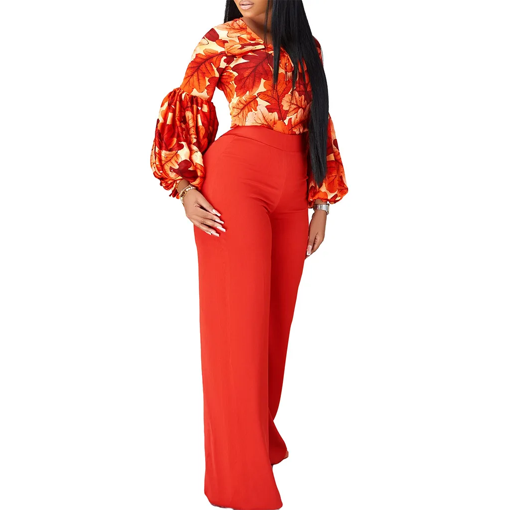 Women's Suit Large Women's New Fashion Print Strap Top Fashion Long-sleeve Woman Blouse 2024  Wide Leg Pants Two Piece Set image 5
