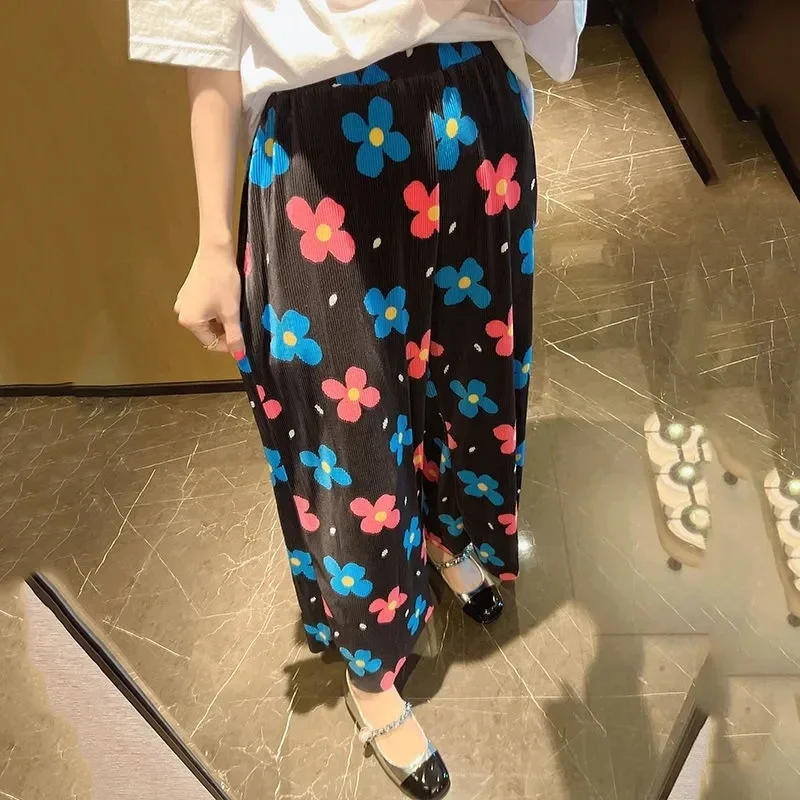 Elastic Waist Boho Plaid Flower Pleated Long Pant Wide Straight Leg Trouser Casual korean women elegant trouser y2k cloth summer
