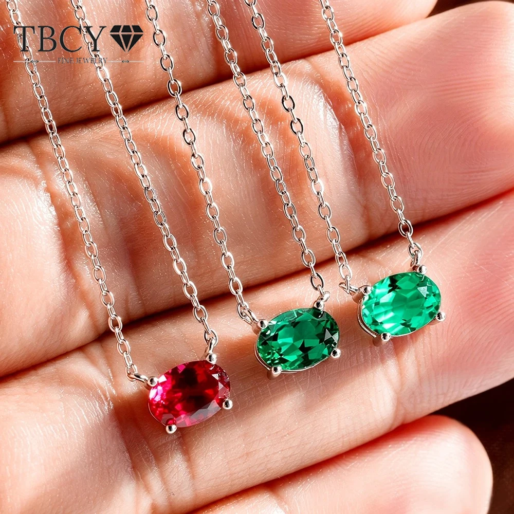 TBCYD 2CT Oval Lab Grown Gemstone Necklace Emerald Ruby Sapphire Necklace for Women S925 Silver Party Fine Jewelry Neck Jewelry