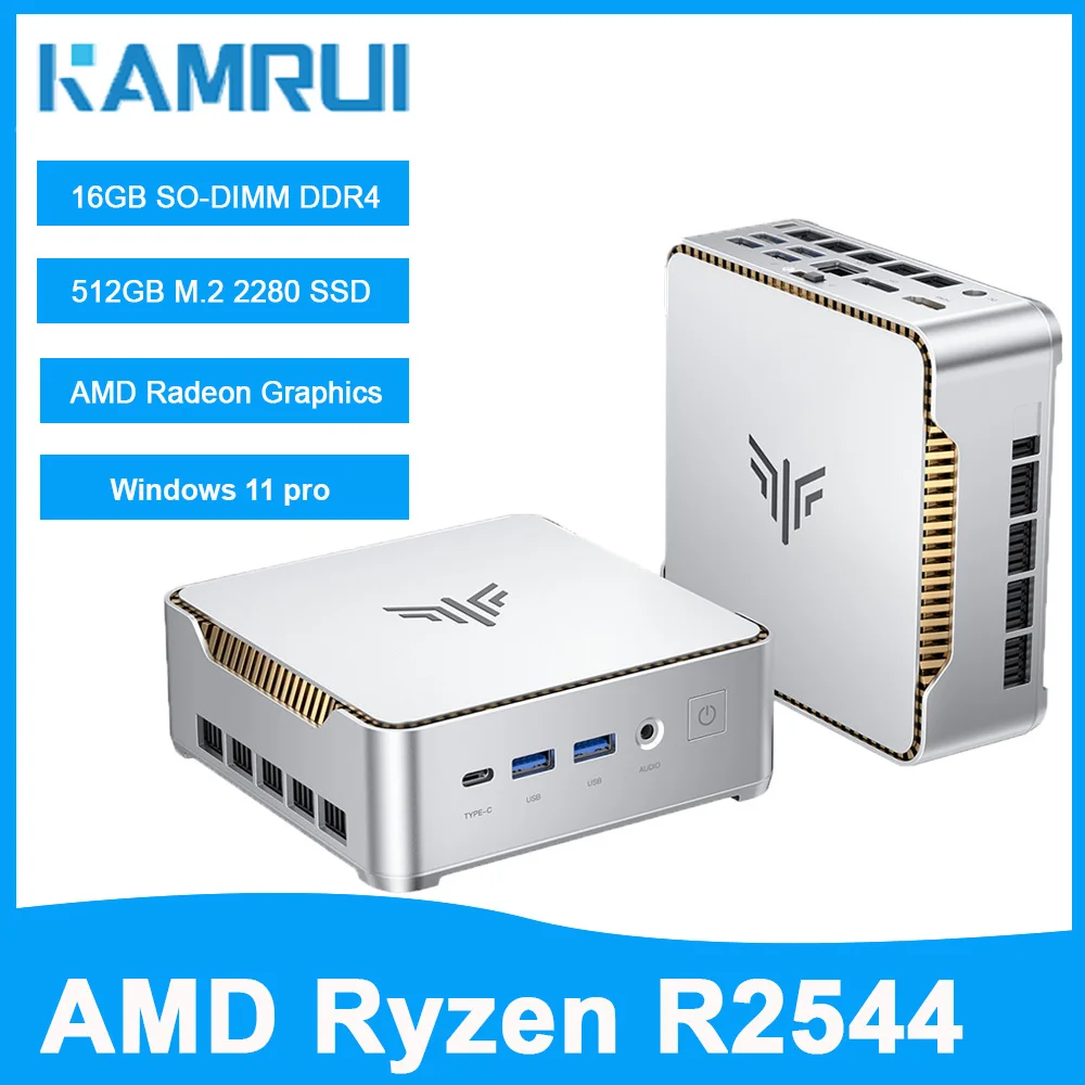 KAMRU Mini PC AMD Ryzen R2544 16GB DDR4 512GB M.2 SSD Up to 3.7GHz Windows 11 PRO WIFI2.4G+5G Micro Desktop Computer for Office