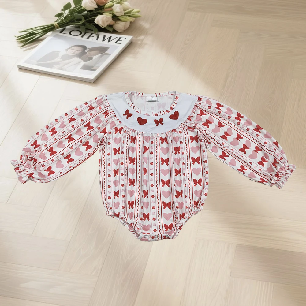 

10.21 Baby Girls Winter Rompers Embroidery Bows Hearts Baby Girls Stripe Valentine Ruffle Rompers