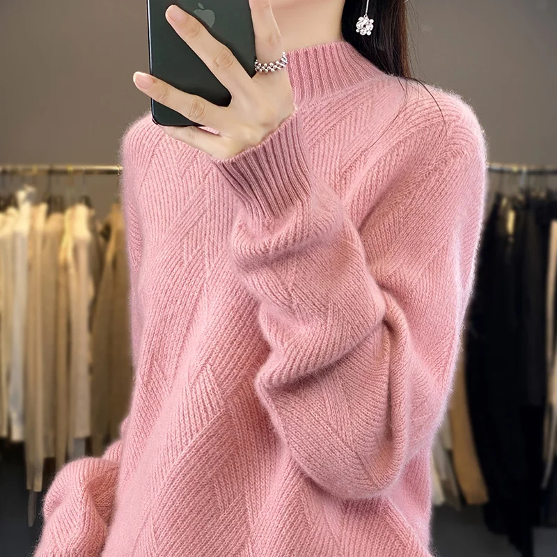 100% Wool Turtleneck Sweater Women Fashion Mat Solid Autumn Winter New Casual Loose Tops Knitted Long Sleeve Female Pullover