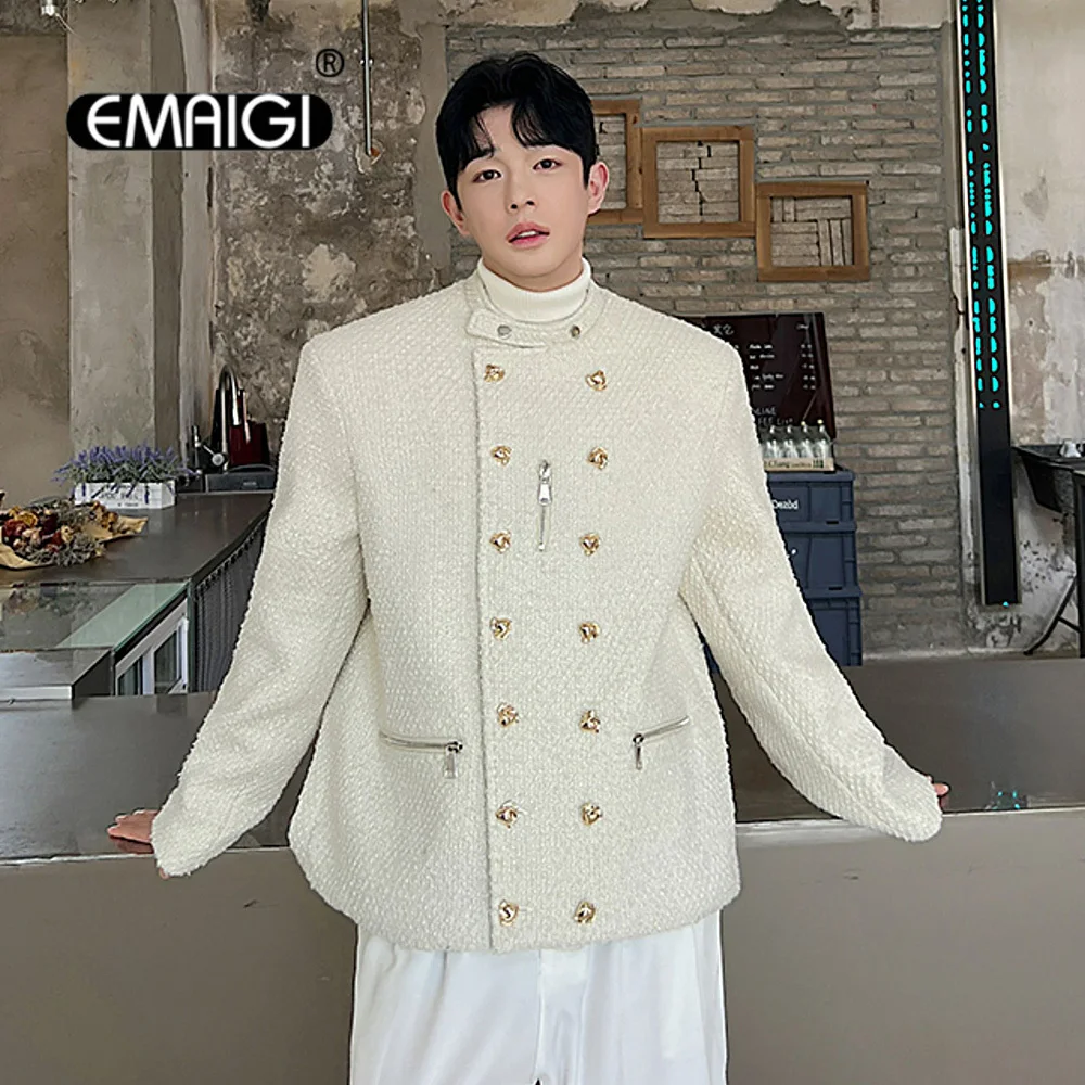 Double Breasted Woolen Stand Collar Suit Coat Blazer Men's Korean Brand High Grade Fashion Streetwear Vintage Blazers Jacket