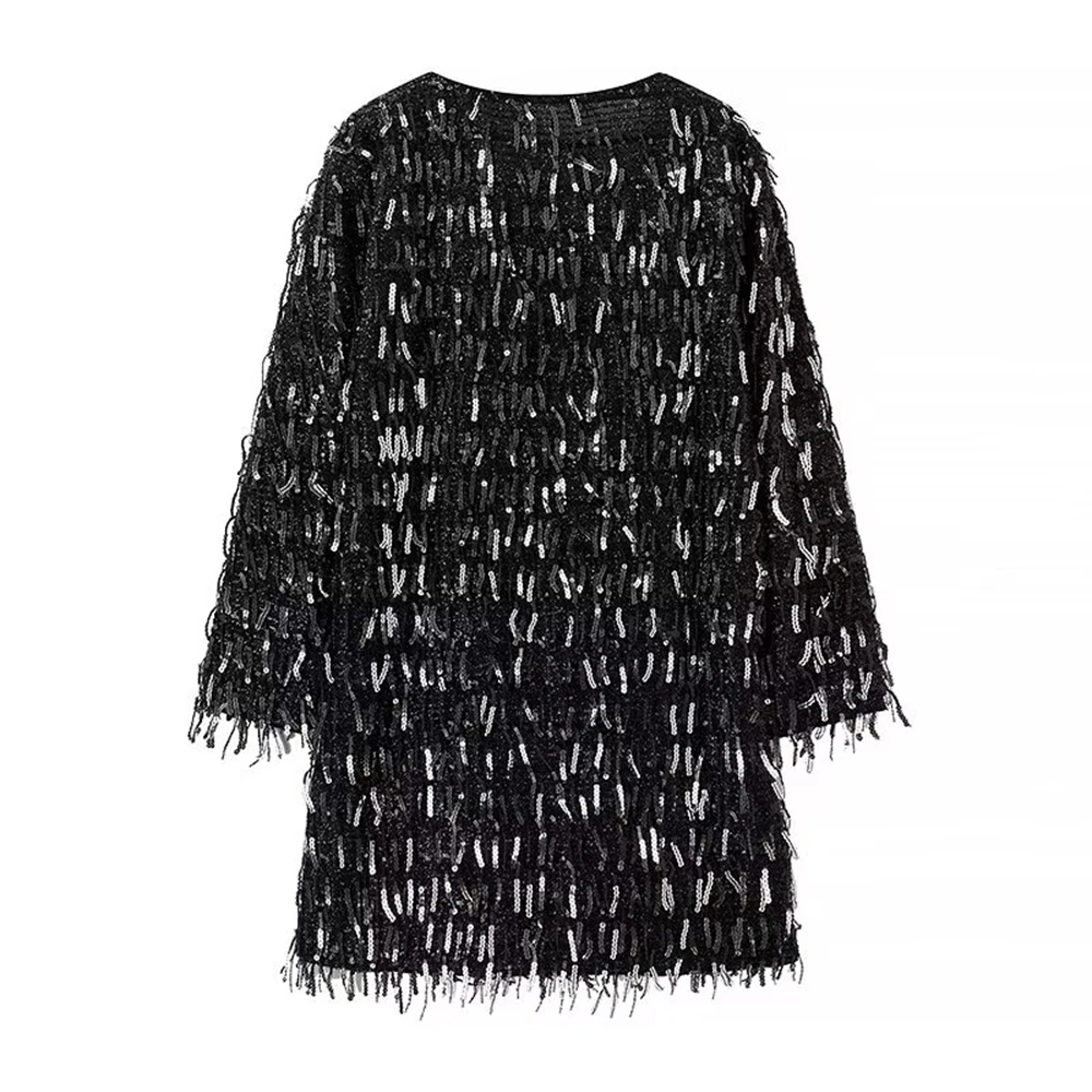 PB&ZA 2024 Women\'s Summer New Fashion Tassel Sequin Hemp Bag Decoration Mini Neck Long sleeved Dress