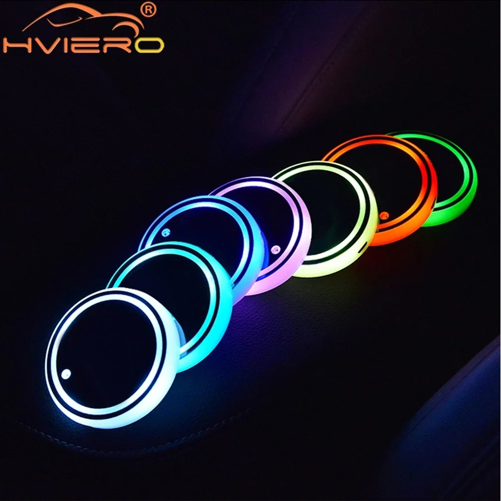 1X Auto Led Car Cup Holder Bottom Pad LED Cover Trim Atmosphere Lamp Welcome Anti-slip Mat Colorful Light Coaster Cool Interior