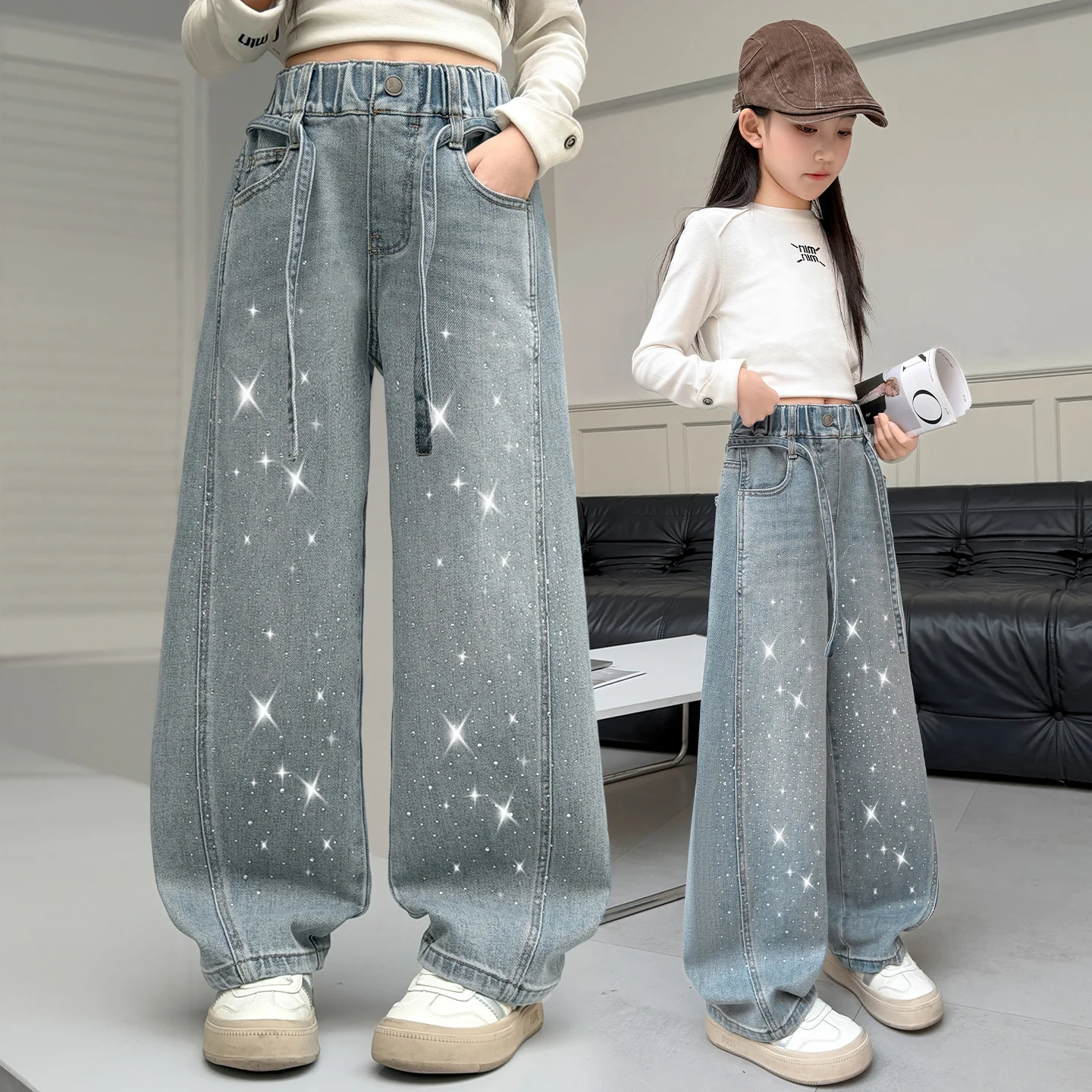 

Spring Children Straight Fit Jeans with Glitter and Crystals for Tweens Girl Fashion Trousers Kids School Rhinestone Denim Pants