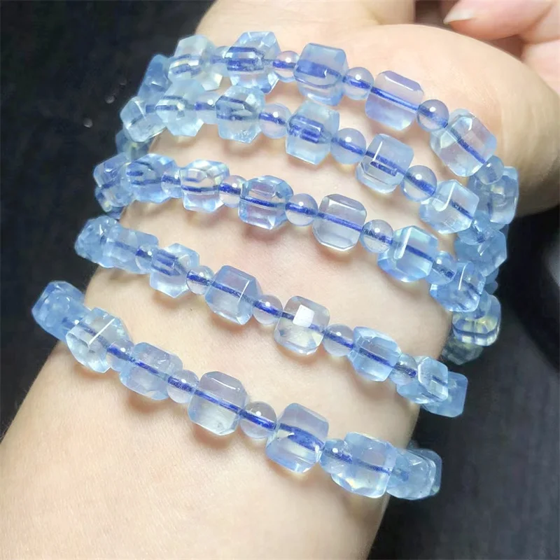 Natural Aquamarine Cube Bracelet Handmade Crystal Quartz Jewelry Stretch Bangle Children Birthday Gift 1pcs