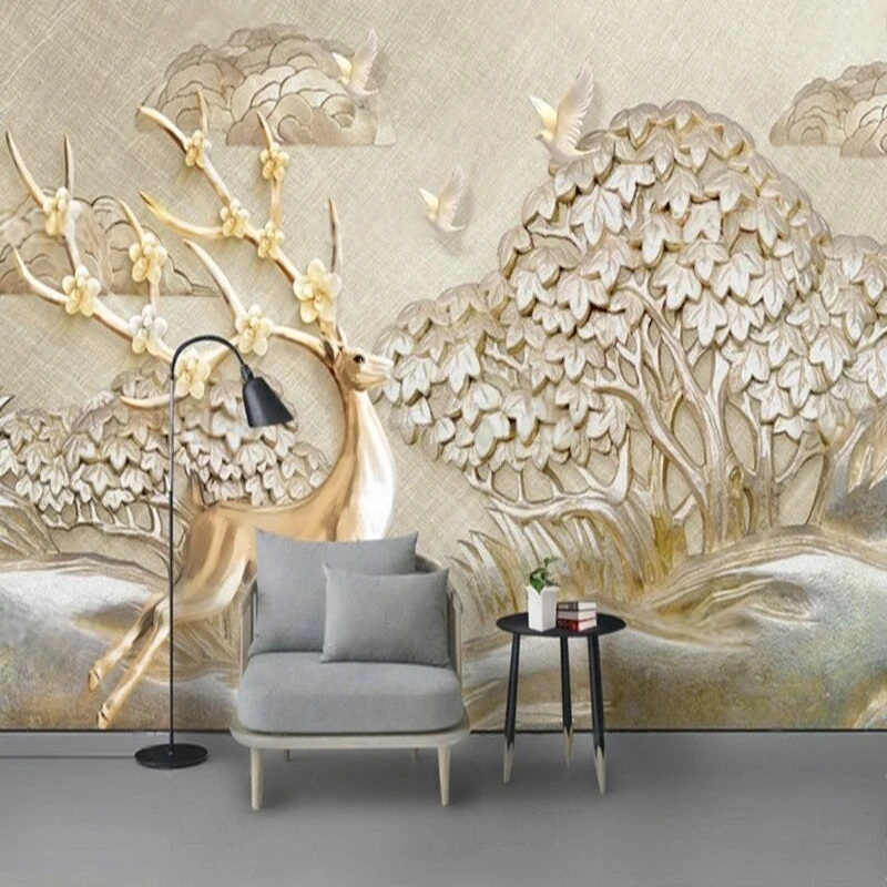 

Modern 3d stereoscopic relief tree bird and golden deer bedroom home decoration background wall customization