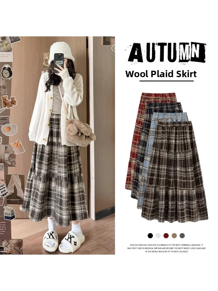 plus Size Plaid Woolen Skirt High Waist A-Line Midi Cake Skirt for Women Autumn Winter Slimming Retro Style Commute Korean Fa...