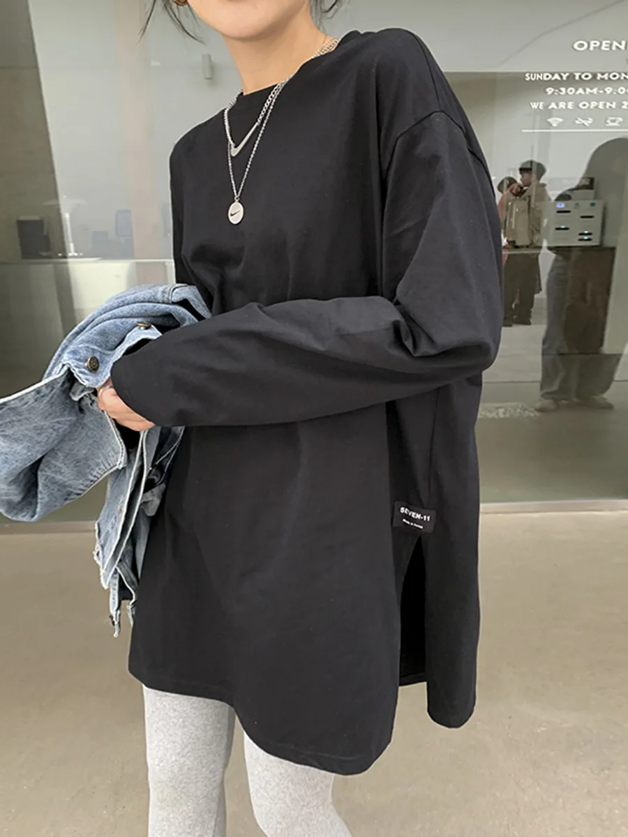 Damen-T-Shirt im koreanischen Stil, mit Rundhalsausschnitt, langen Ärmeln, lockerer Passform, mittellanger Länge, seitlichem Schlitz, Basic-Design, Oversize-Schnitt, lässiges, schlichtes Oberteil, ideal als Unterhemd. – Detail 8