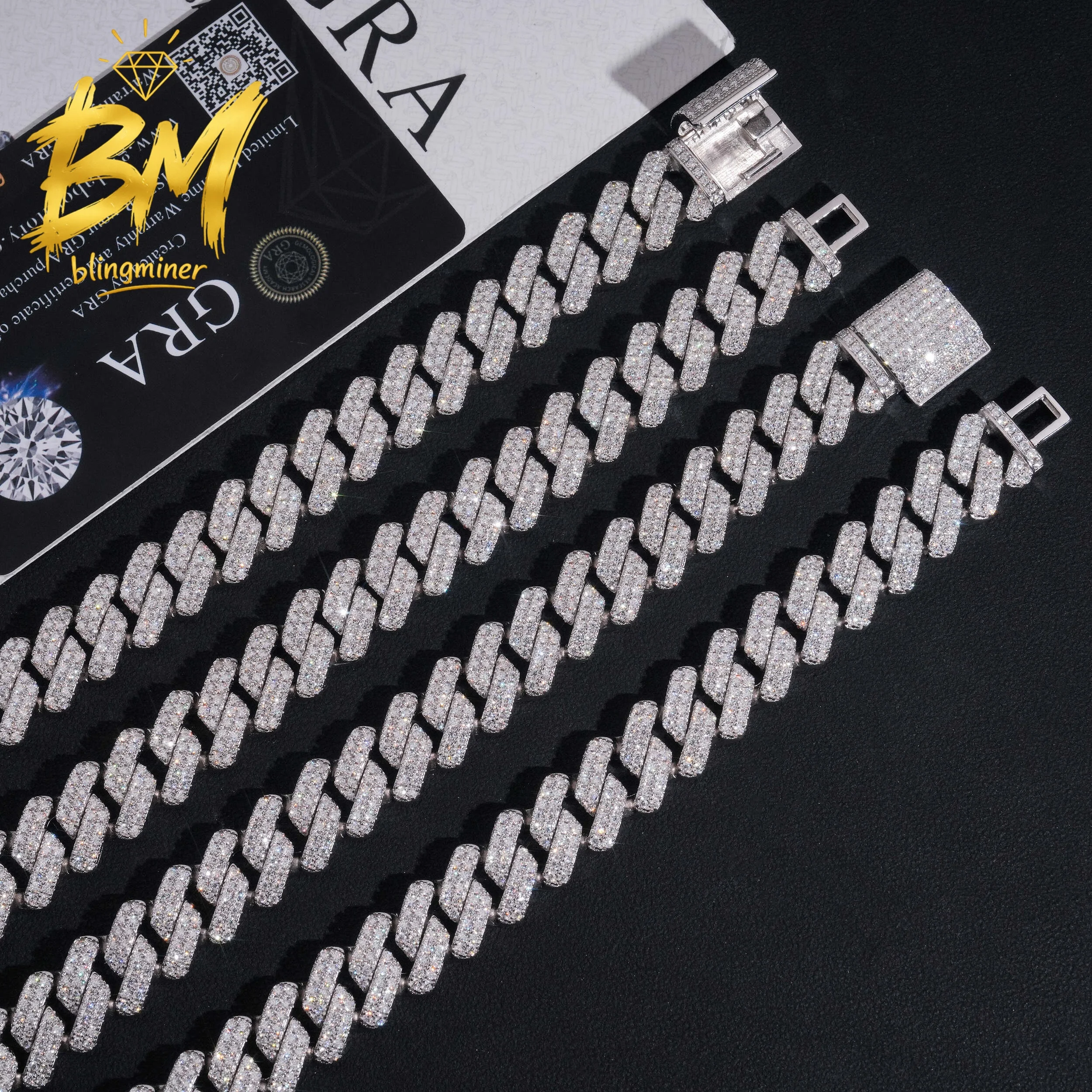 Blingminer 14mm 2Rows VVS Moissanite S925 Silver Iced Out Cuban Link Chain Necklaces For Men Jewelry Pass Diamonds Tester With