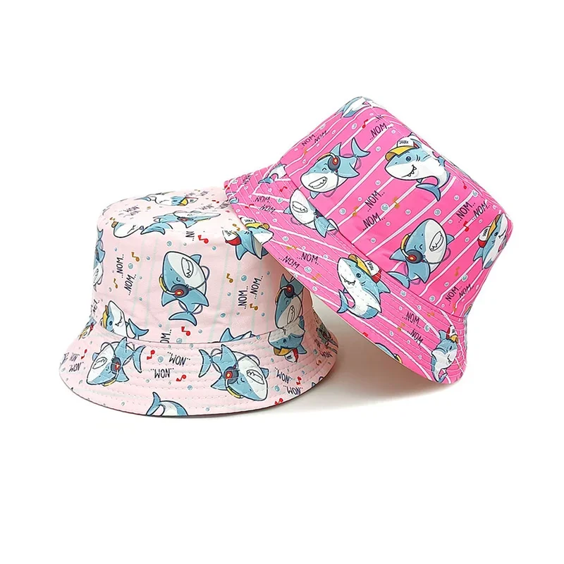 Four Seasons Polyester Cartoon Shark Print Bucket Hat Outdoor Travel Sun Cap For Child Boy and Girl 104