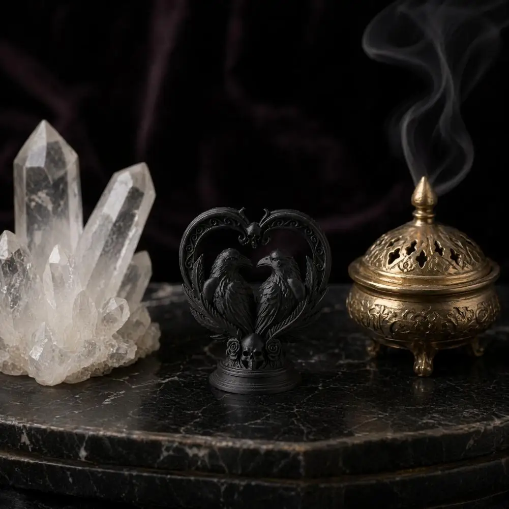 Mysterious Home Accent 3d Printed Double Raven Ornaments Skull Heart Figurines Dark Style Halloween Decorations for Home Desk