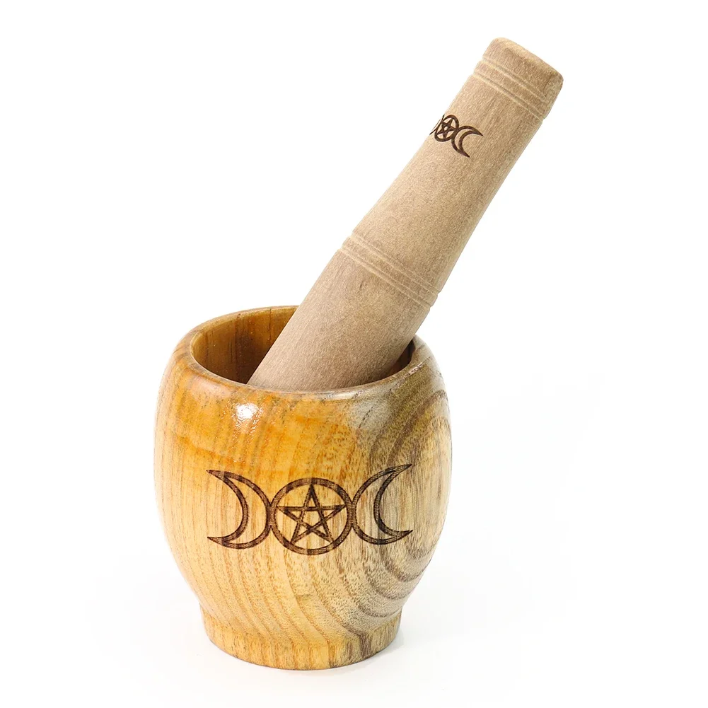 Wicca Moon Pentagram Phase Goddess Wood Tampering Sacrificial Magic Powder Potions Ornaments Decor Healing Medicinal Pestle
