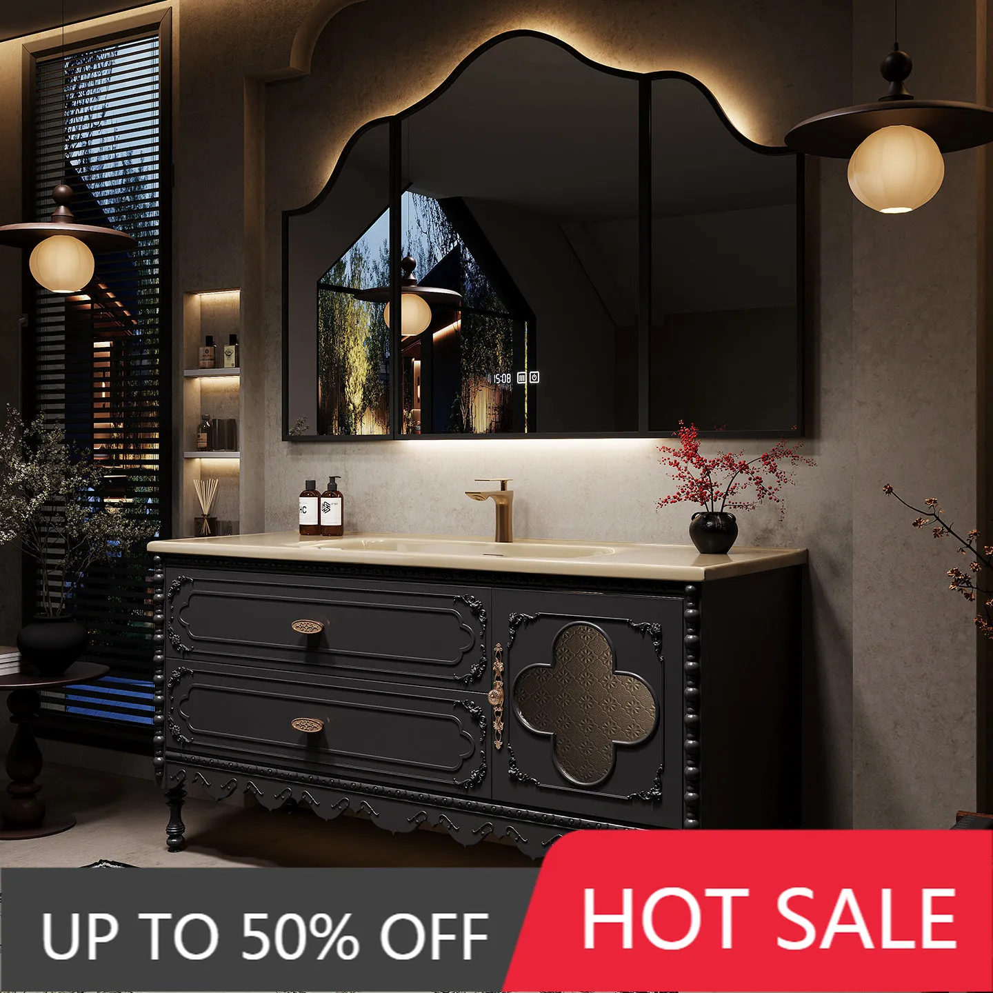 French Retro Oak Bathroom Vanity Combination, Floor-Standing Toilet Sink And Washbasin Bathroom Furniture for Home Improvement