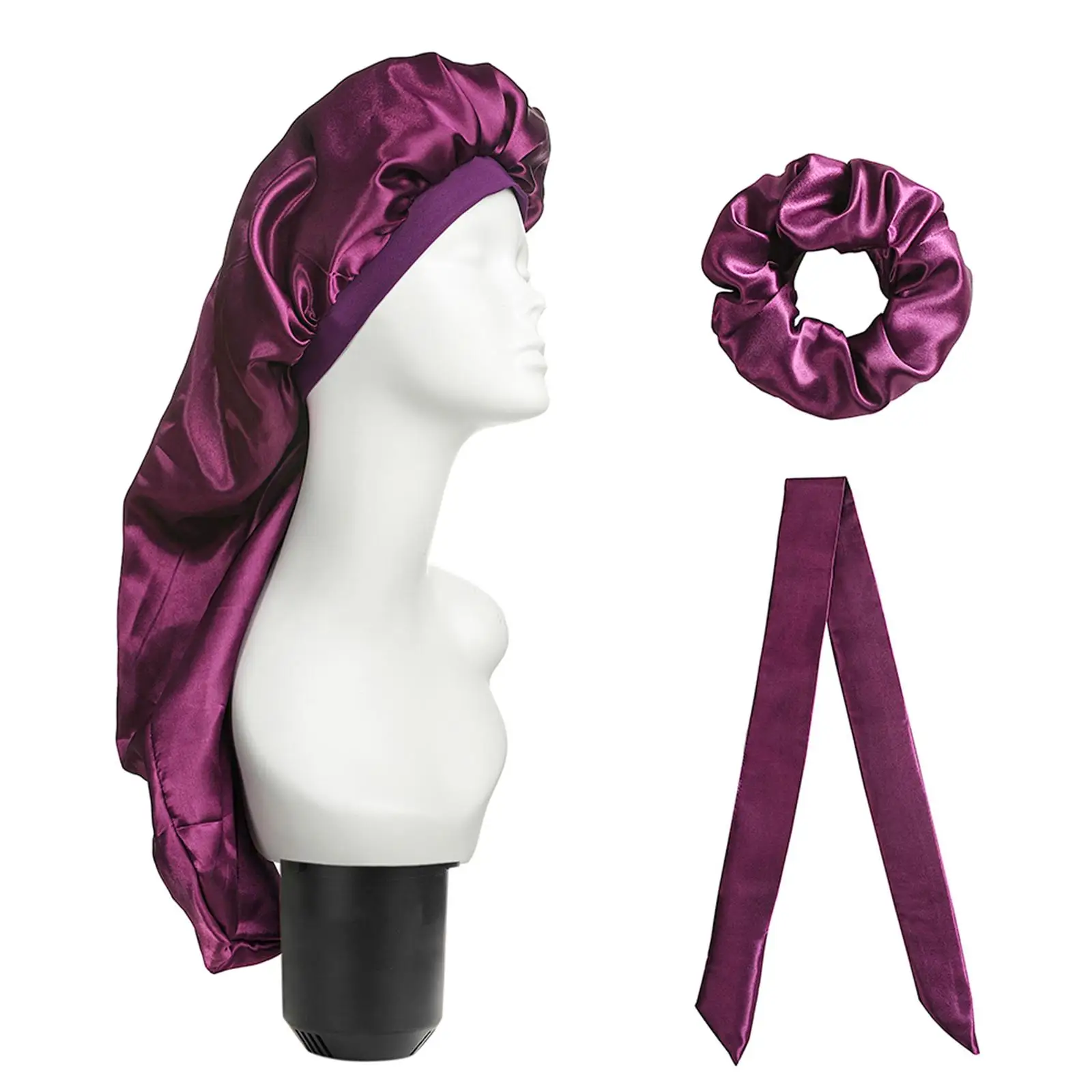 Long Satin Bonnet Sleep Cap with Hair Ring Silky Comfortable Breathable with