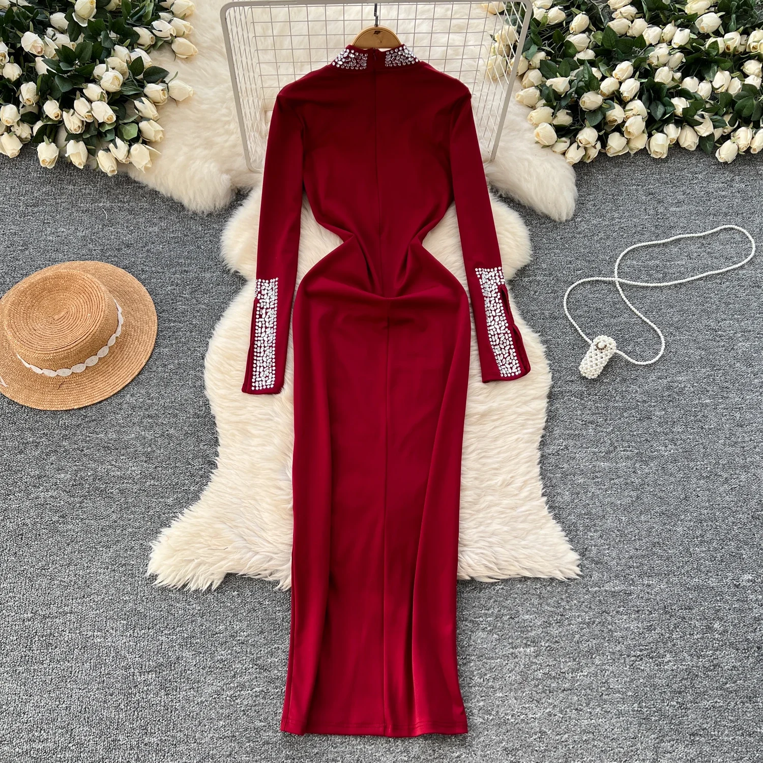 Elegant Long Sleeve Vintage Turtleneck Chic Rhinestone Slim Split Dresses French Sexy Evening High Street Autumn Winter Clothing