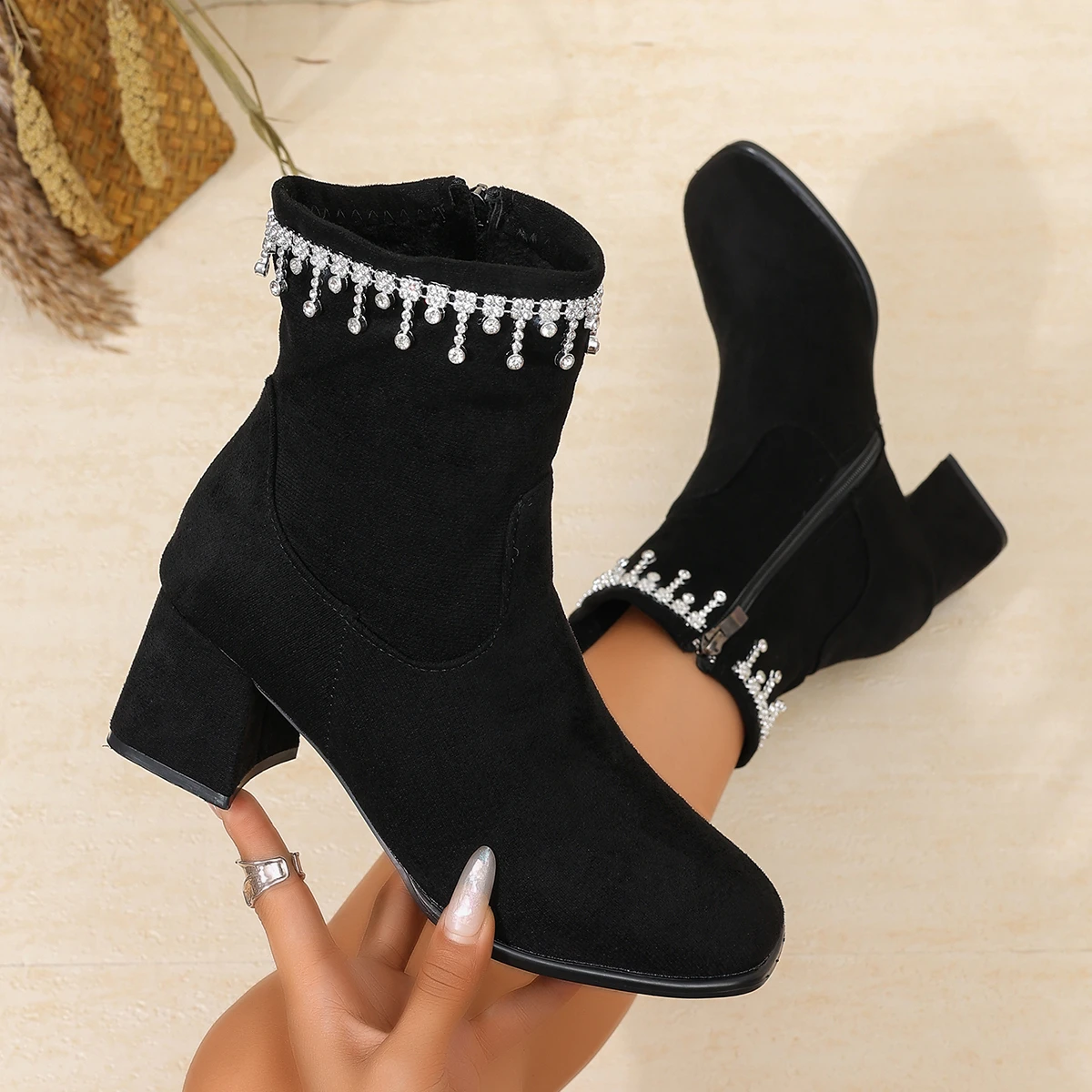 Luxury Crystal Tassel Decor Ankle Boots Women Brand Design Rhinestone Square Heel Short Boots Women Plus Size 43 Zipper Booties