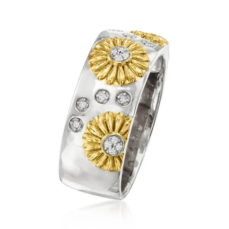 Minimalist Inlaid White CZ Women's Ring Classic Two Color Hand Carving Flower Daily Wear Party Jewelry Anniversary Gift