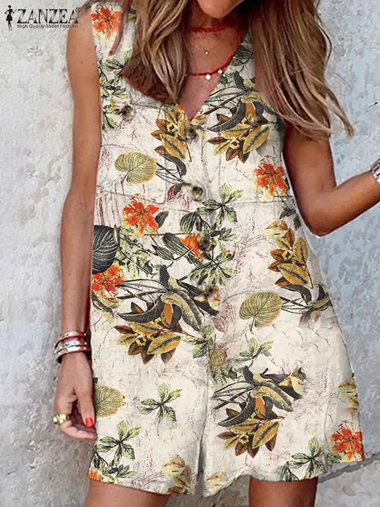 Summer V Neck Sleeveless Rompers ZANZEA Women Bohemian Floral Printed Jumpsuits Female Casual Holiday Playsuits Loose Rompers